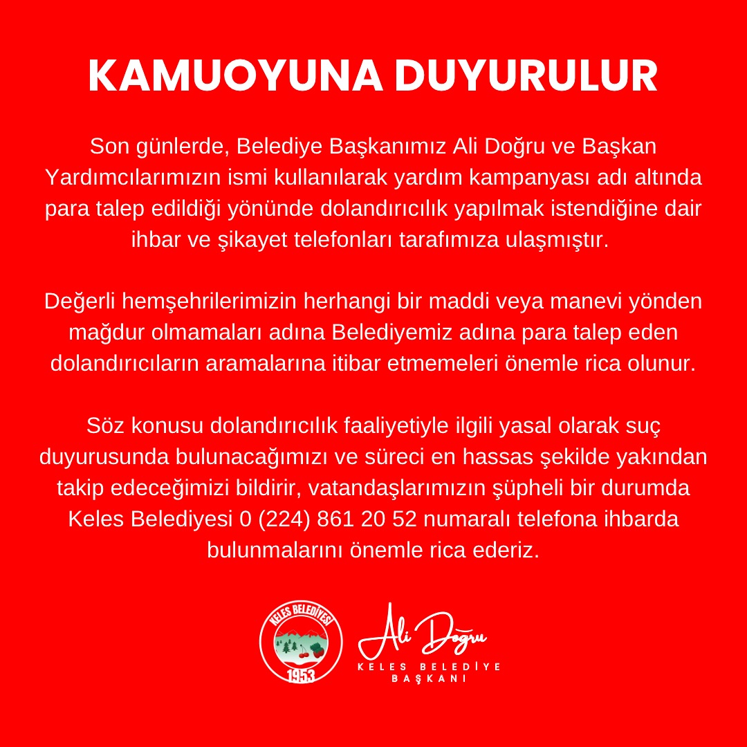 Belediye Adına Yapılan Dolandırıcılık Girişimlerine Karşı Uyarı